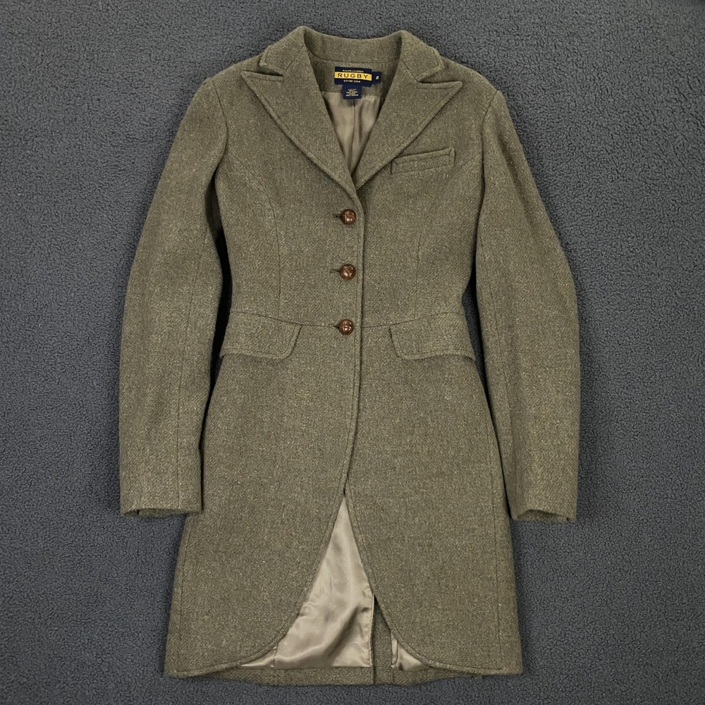 Rugby Ralph Lauren Coat Womens 2 Green Wool Tweed Military Epaulet Long